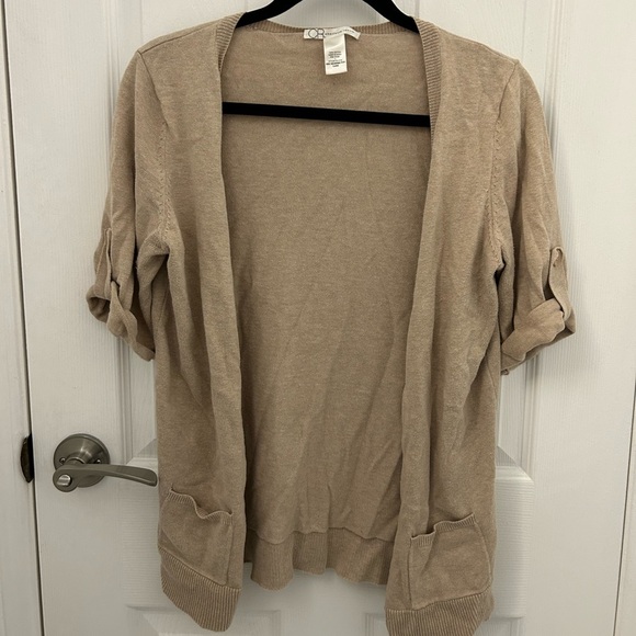Women's Tan Cardigan, Short Sleeve Sweater, Sz L - Picture 7 of 9